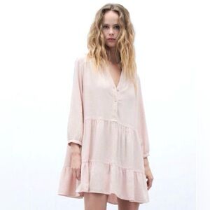 Soft Pink Tiered Linen-Blend Babydoll Mini Shirt Dress
